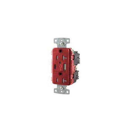 Wiring Device-Kellems tradeSELECT® USB20AC5R Duplex Grounding Tamper-Resistant USB Charger Receptacle With Green LED, 125 VDC, 20 A, 1 Phase, 2 Poles, 3 Wires, Red