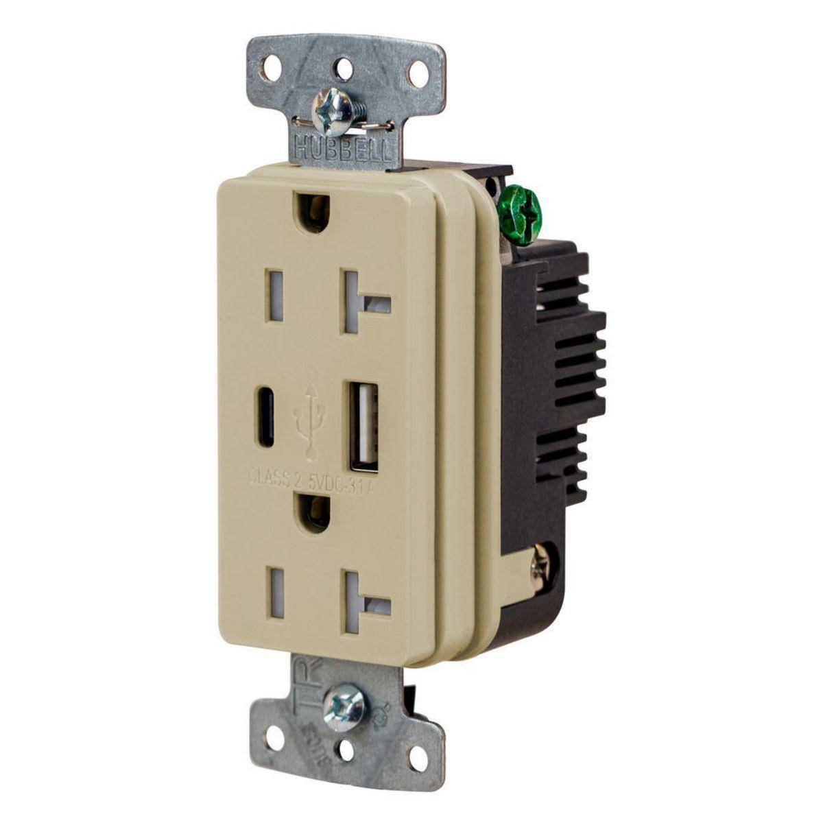 Wiring Device-Kellems USB20ACI Hubbell-PRO Line Decorator Style USB Charger Duplex Receptacle, 20 A 125 VAC, 1 Phase, 2 Poles, 3 Wires, Ivory