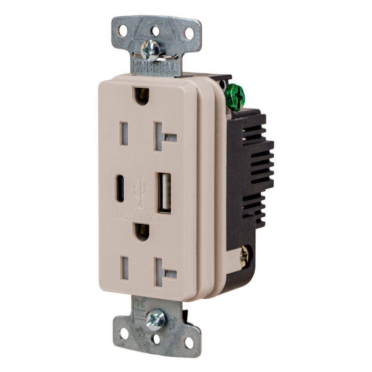 Wiring Device-Kellems Hubbell-Pro™ USB20ACLA Duplex Grounding High Power Standard Tamper-Resistant USB Charger Receptacle, 125 VAC 20 A 1815 W, 1 Phase, 2 Poles, 3 Wires, Light Almond