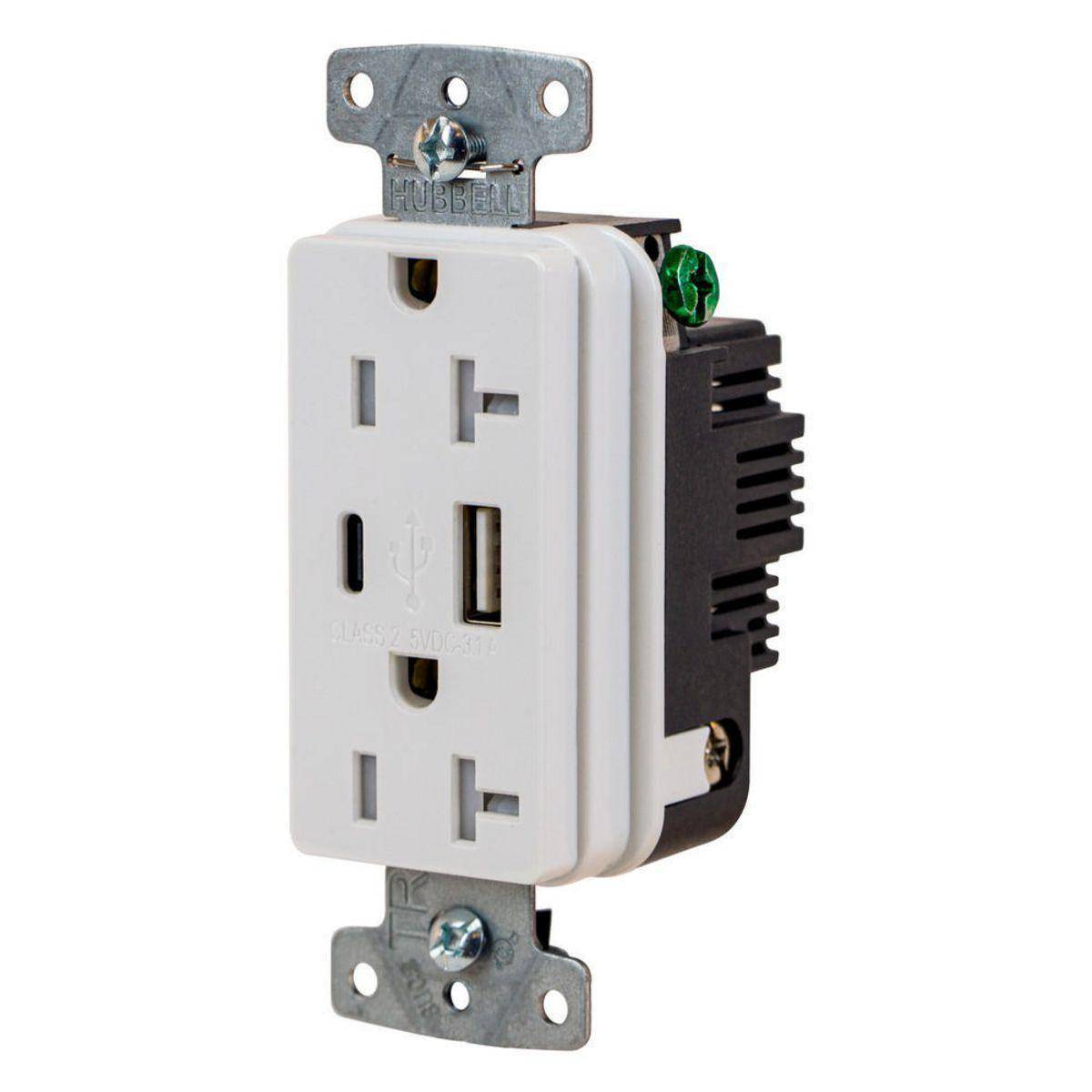 Wiring Device-Kellems Hubbell-Pro™ USB20ACW Duplex Grounding High Power Standard Tamper-Resistant USB Charger Receptacle, 125 VAC 20 A 1815 W, 1 Phase, 2 Poles, 3 Wires, White