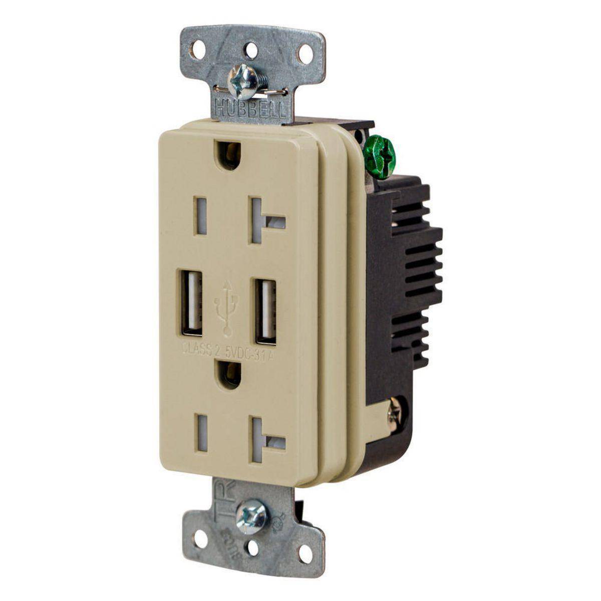 Wiring Device-Kellems USB20AI Hubbell-PRO Line Decorator Style USB Charger Duplex Receptacle, 20 A 125 VAC, 1 Phase, 2 Poles, 3 Wires, Ivory