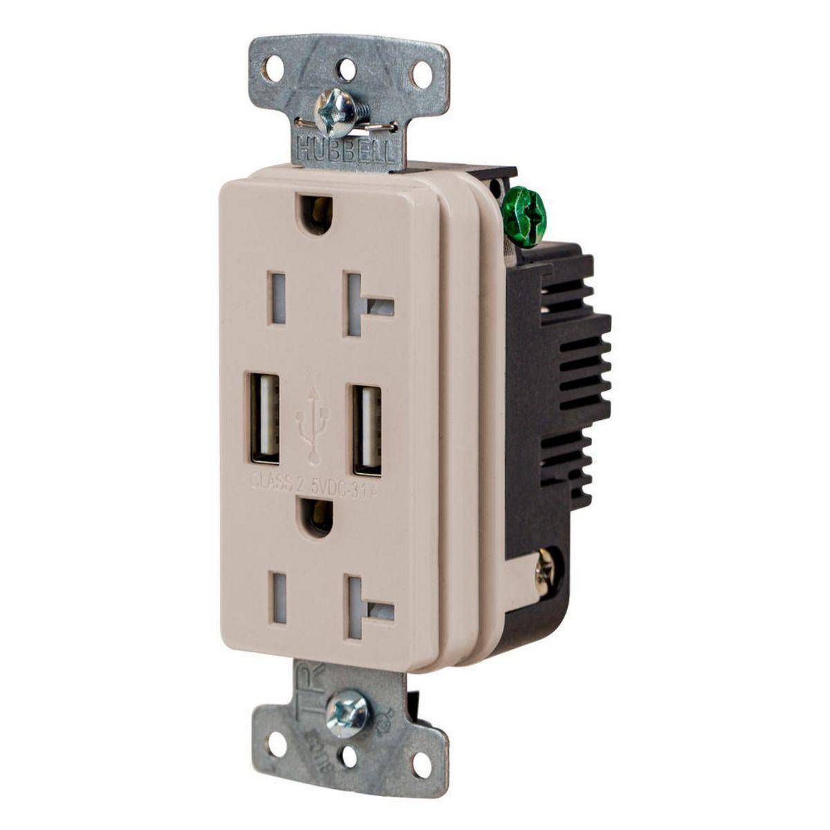 Wiring Device-Kellems USB20ALA Hubbell-PRO Line Decorator Style USB Charger Duplex Receptacle, 20 A 125 VAC, 1 Phase, 2 Poles, 3 Wires, Light Almond