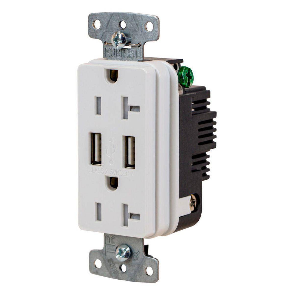 Wiring Device-Kellems Hubbell-Pro™ USB20AW Duplex Grounding High Power Standard Tamper-Resistant USB Charger Receptacle, 125 VAC 20 A 1815 W, 1 Phase, 2 Poles, 3 Wires, White