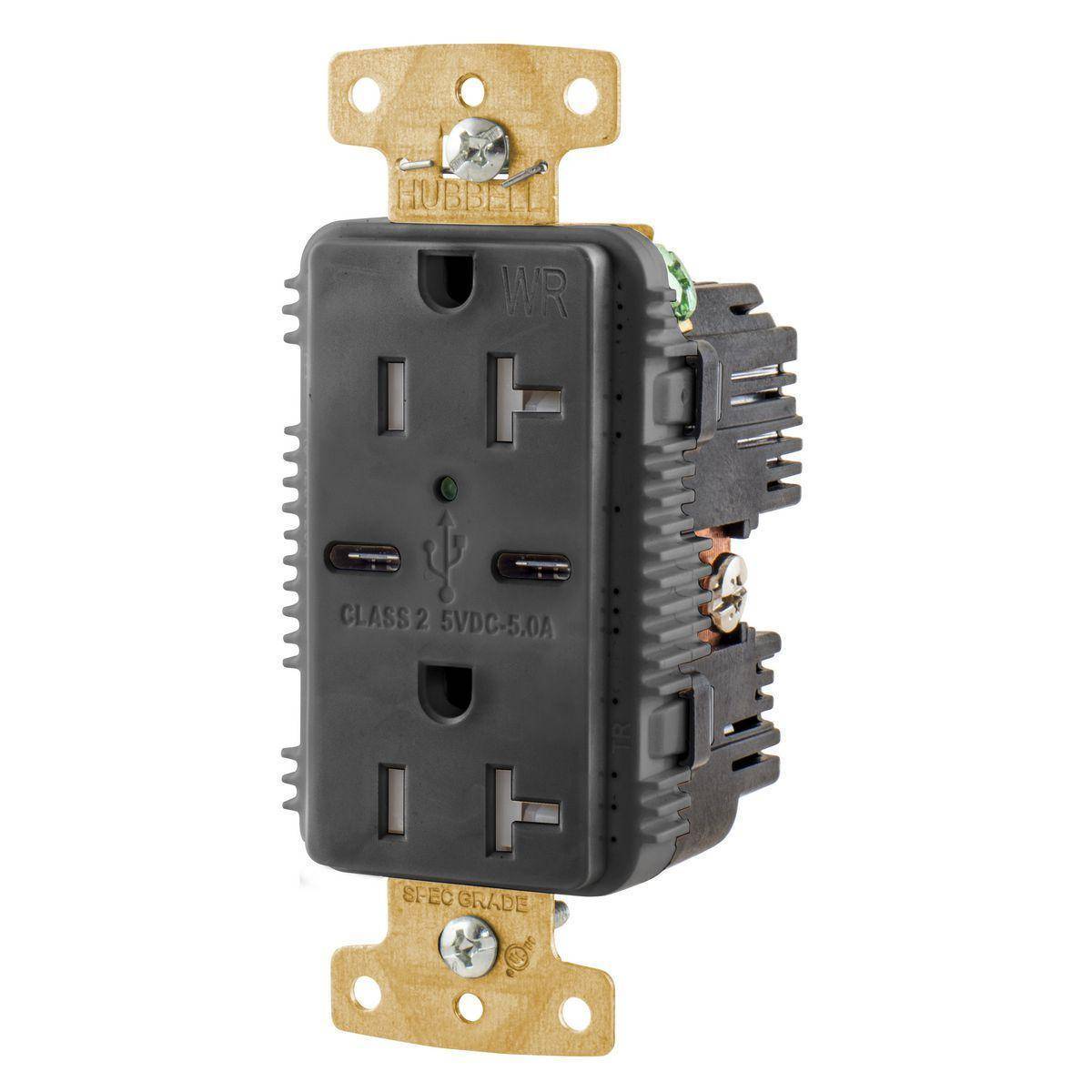 Wiring Device-Kellems tradeSELECT® USB20C5BKWR Decorator Duplex Grounding Tamper/Weather-Resistant USB Charger Receptacle With Green LED, 125 V, 20 A, 1 Phase, 2 Poles, 3 Wires, Black