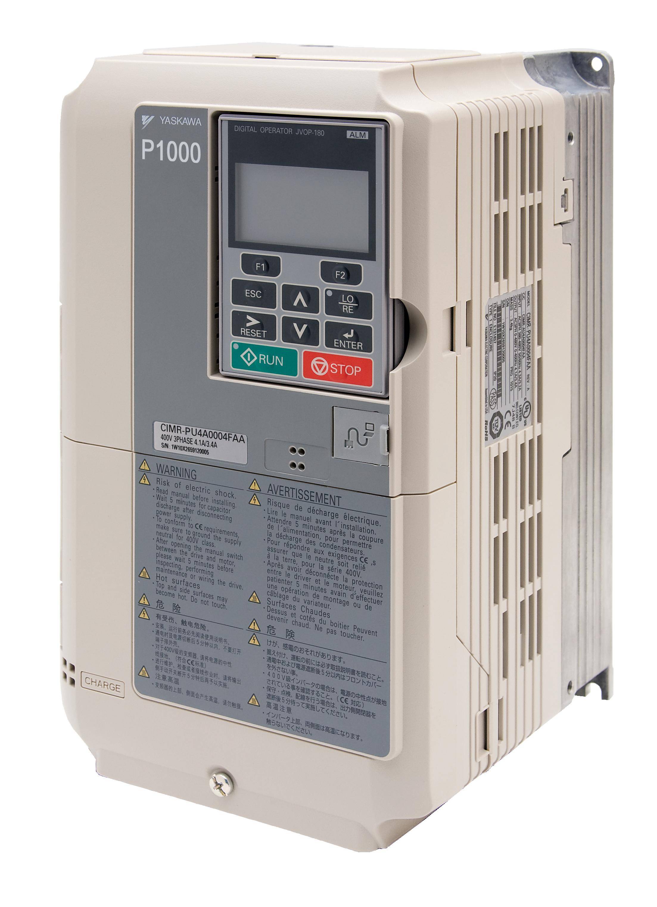 Yaskawa CIMR-PU4A0072FAA P1000 AC Drive, 380 to 480 VAC, 72 A, 50 hp, 10.98 in W 10.16 in D