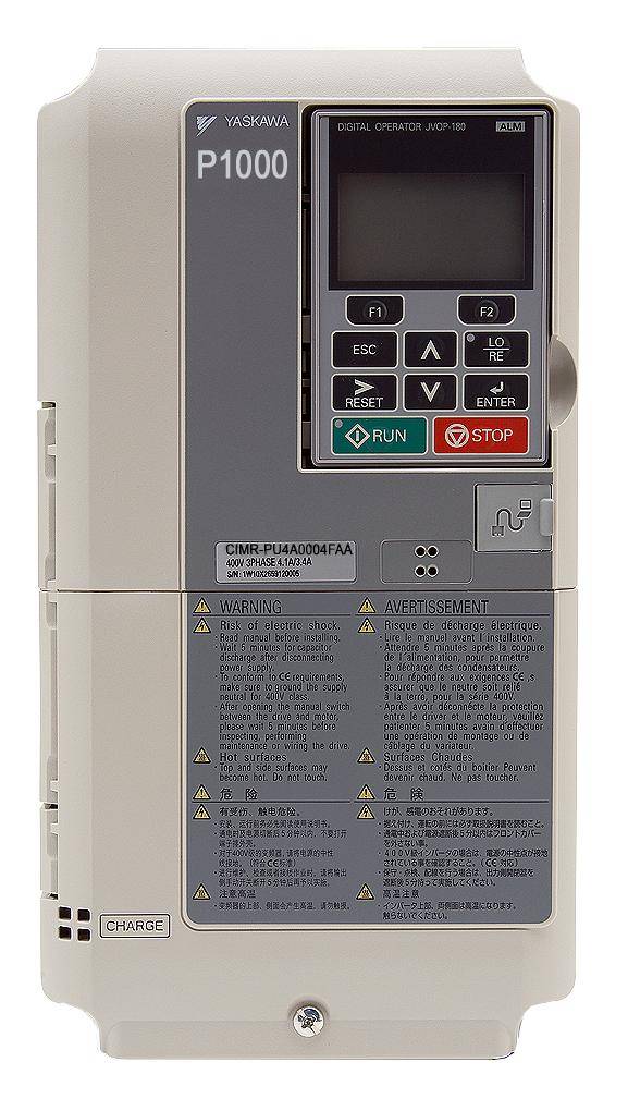 Yaskawa CIMR-PU4A0072FAA P1000 AC Drive, 380 to 480 VAC, 72 A, 50 hp, 10.98 in W 10.16 in D