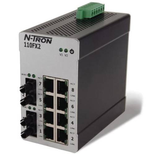 redlion® N-Tron® 110FXE2-SC-15 N-Tron® 10-Port Unmanaged Ethernet Switch, (8) 10/100BaseTX RJ-45, (2) 100BaseFX Single-Mode Fiber Ports With SC Connectors Port, 3.2 Gbps Switching