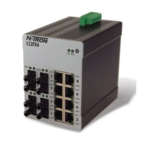 redlion® N-Tron® 112FX4-ST N-Tron® 12-Port Unmanaged Ethernet Switch, (8) 10/100BaseTX RJ-45, (4) 100BaseFX Multi-Mode Fiber Ports With ST Connectors Port, 3.2 Gbps Switching