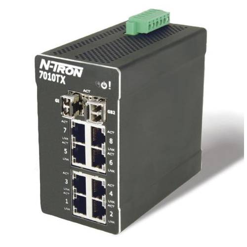 redlion® N-Tron® 7010TX N-Tron® 10-Port Managed Ethernet Switch, Web Interface, (8) 10/100BaseTX RJ-45, (2) Gigabit SFP (Mini-GBIC) (1000BaseSX/LX Fiber With LC Style Connectors or 1000BaseT Copper With RJ-45 Connectors) Port, LLDP Protocol