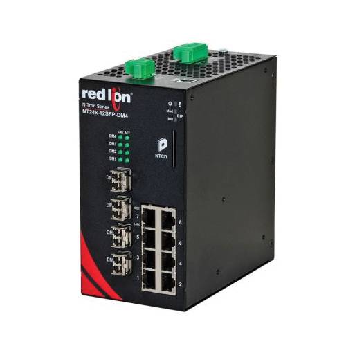 redlion® N-Tron® NT24K-12SFP-DM4 N-Tron® 12-Port Managed Gigabit Ethernet Switch, GUI/Web Interface, (8) RJ45 10/100/1000Base-TX, (4) Dual Mode (100/1000) SFP Port, 24 Gbps Switching, N-Ring™ Protocol
