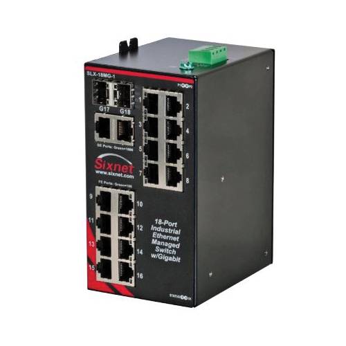 redlion® SLX-18MG-1 Sixnet® 18-Port Managed Gigabit Ethernet Switch, CLI/Web Interface, (1 to 16) 10/100BaseTX RJ-45, (2) Gigabit SFP/RJ45 (1000BaseSX/LX Fiber With LC Style Connector or 10/100/1000BaseTX Copper With RJ-45 Connector) Port