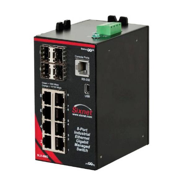 redlion® SLX-8MG-1 Sixnet® 8-Port Managed Gigabit Ethernet Switch, CLI/Web Interface, (8) 10/100/1000BaseTX RJ-45, (4) Gigabit SFP (1000BaseSX/LX Fiber With LC Style Connectors or 10/100/1000BaseTX Copper With RJ-45 Connectors) Port, 16 Gbps Switching